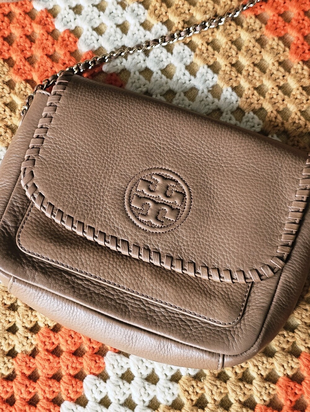 Tory Burch Marion Tan Whipstitch Leather Crossbody Bag Shoulder Bag Purse - Picture 2 of 14